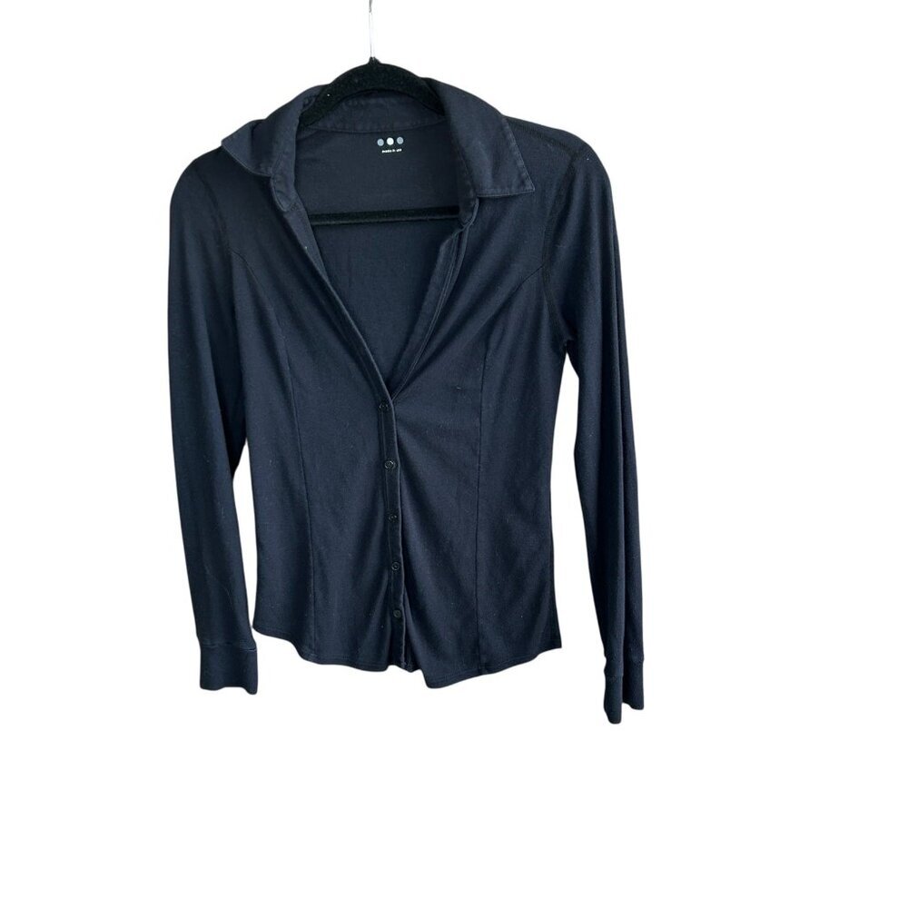 Three Dots Brand Black Stretch Button Front Blouse Size Medium